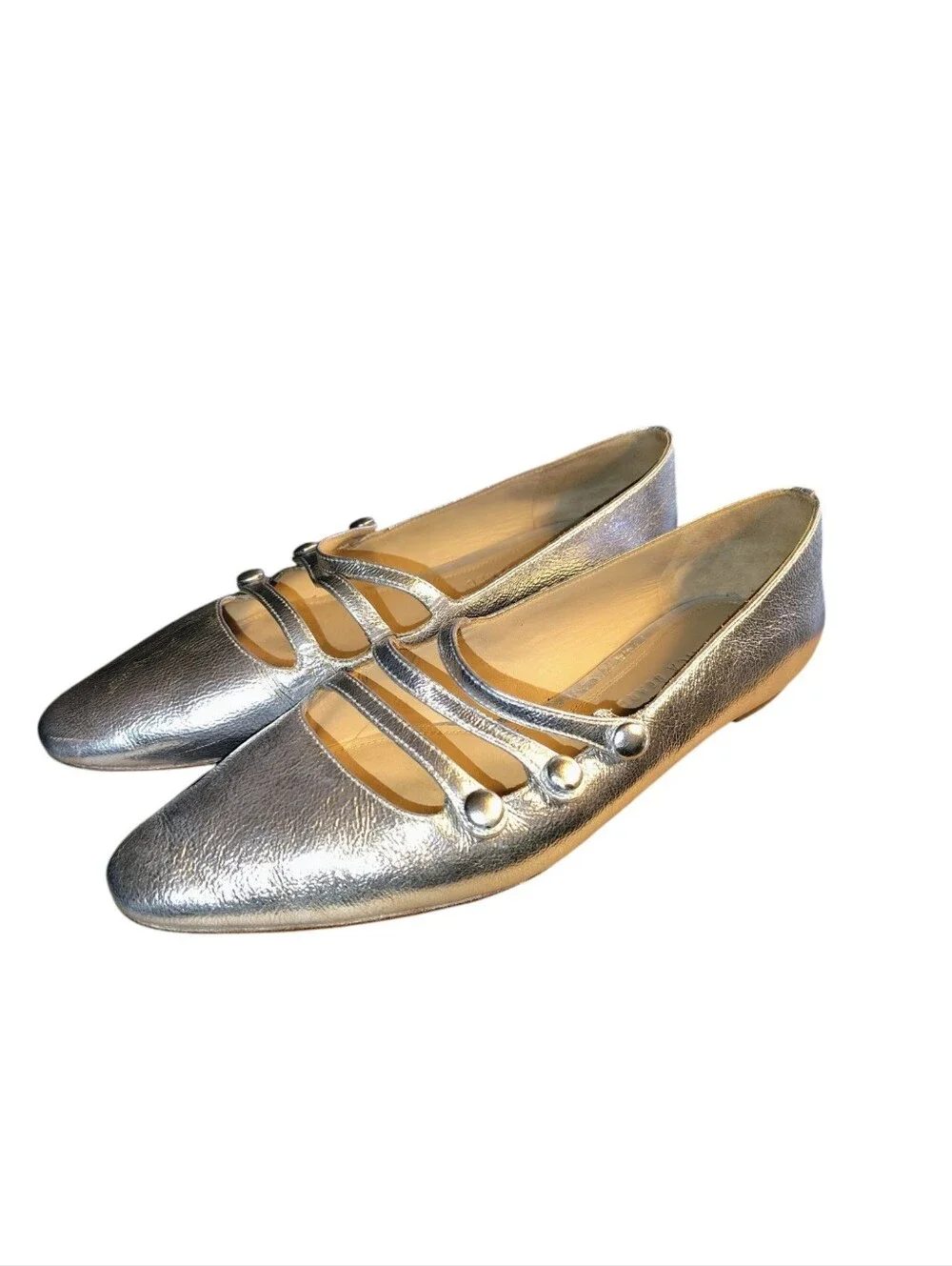 Veronica Beard Metallic Silver Crinkle Triple-Strap Mary Jane Flat Size 10 US 54 - Picture 3 of 16